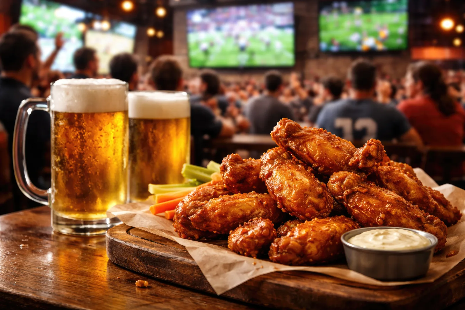 A board of crispy chicken wings with celery sticks and blue-cheese dip, two frosted mugs of beer beside it, and the game playing on screens above the crowd behind.