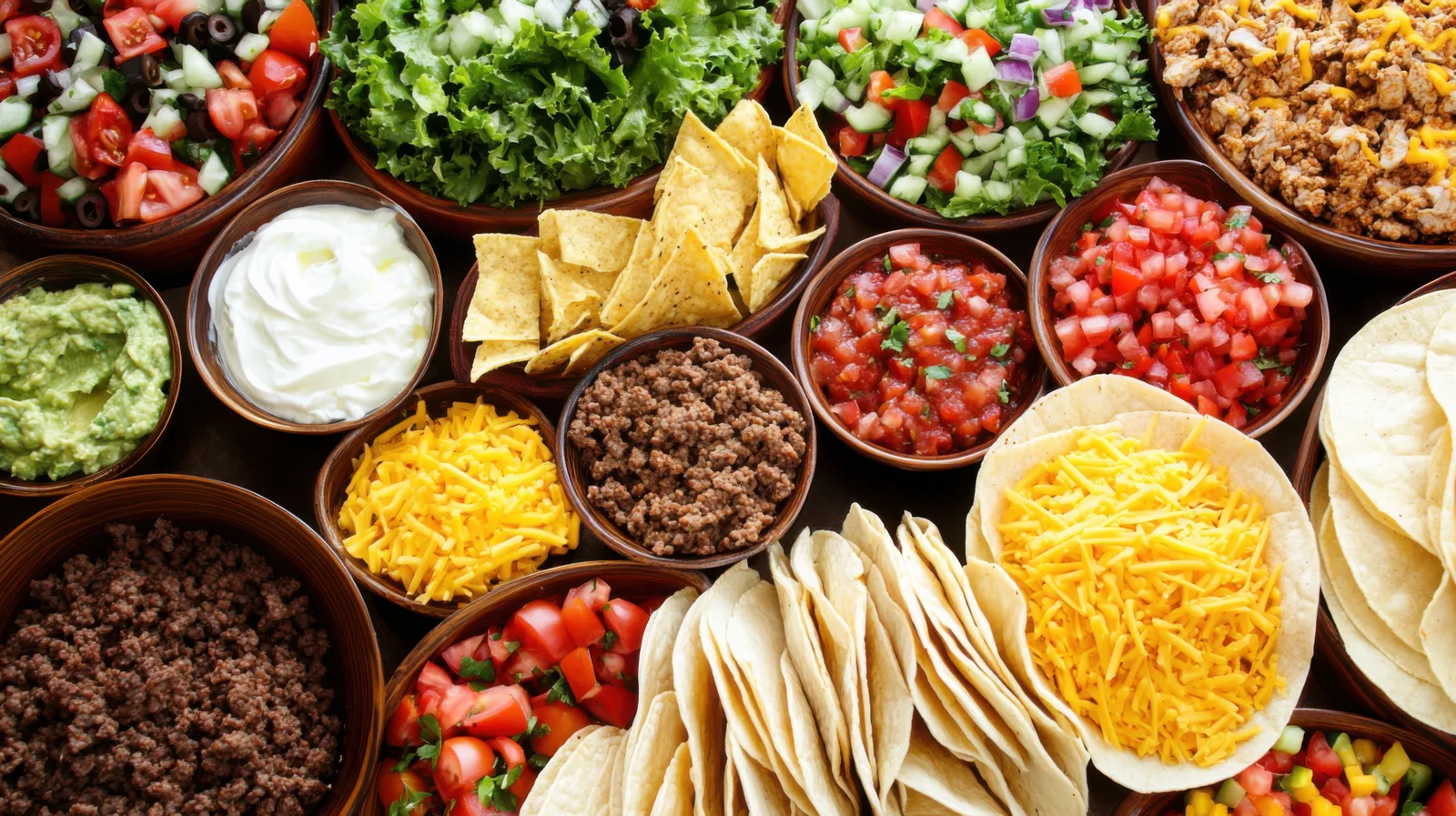 An overhead spread of taco fixings in bowls — seasoned beef, shredded cheese, pico de gallo, guacamole, sour cream, tortilla chips and warm tortillas.