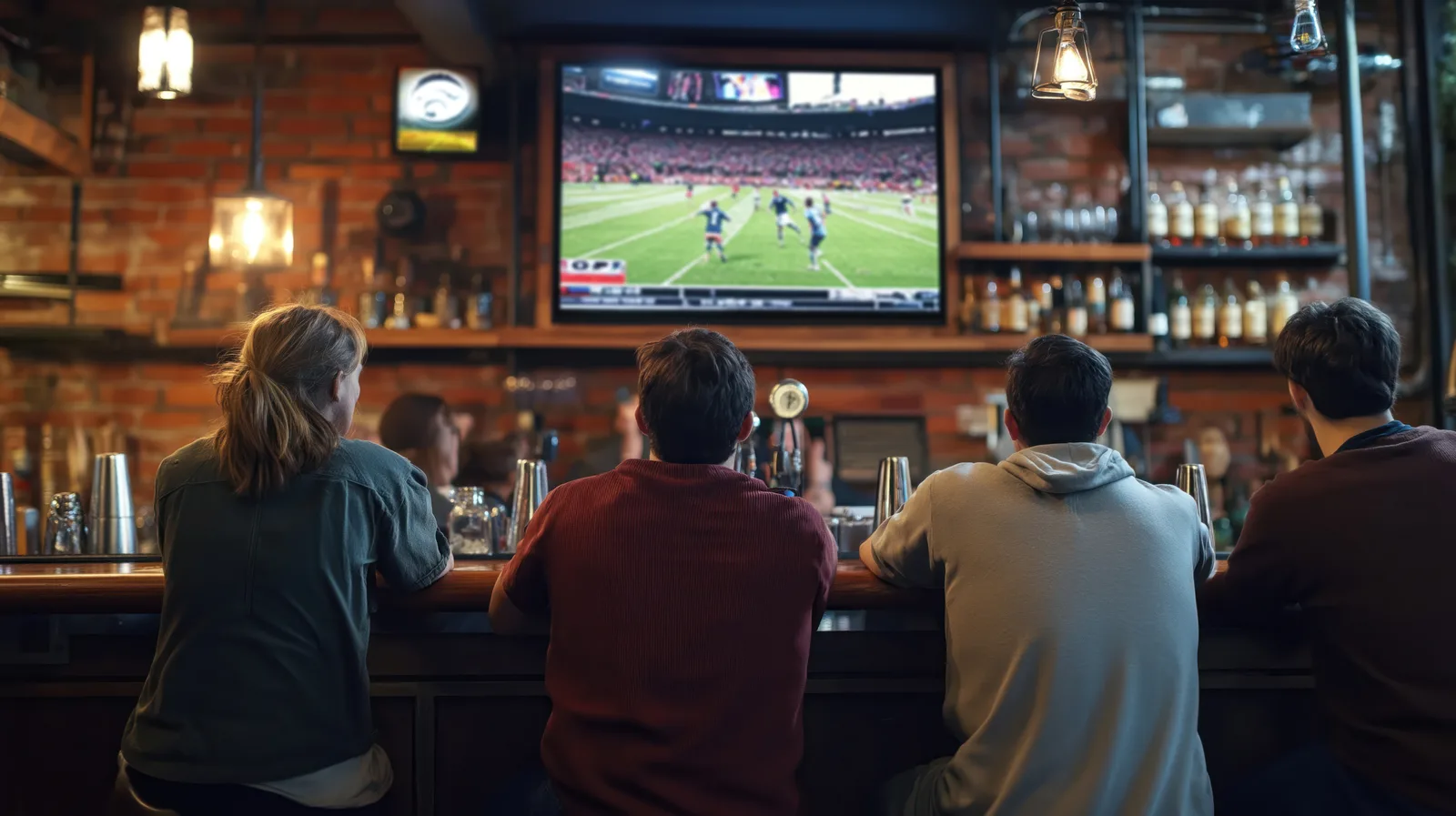 Four people leaning on the bar watching an American football game on the big screen, bottles lit along the back wall.