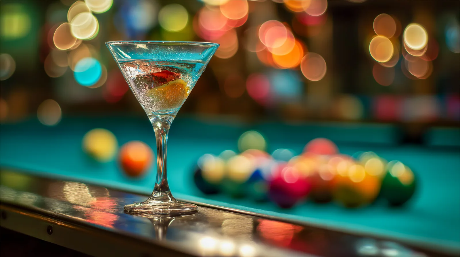 A cocktail glass resting on the polished rail of a pool table, the coloured balls and bar lights blurred behind it.
